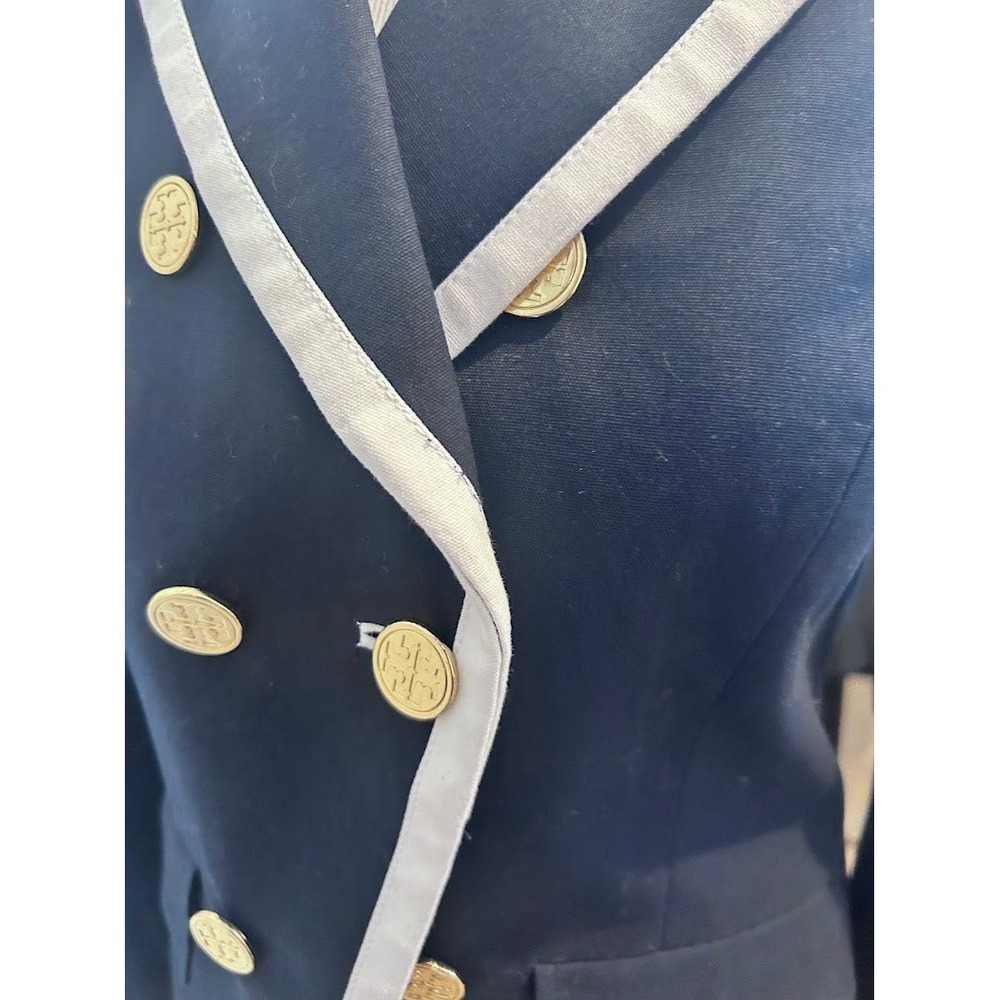 Tory Burch Navy Blue Double Breasted Blazer Gold Logo Buttons White Trim Size 6 - Picture 7 of 12